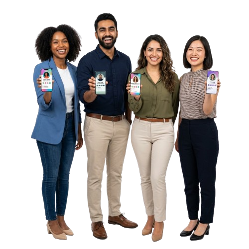 Group of diverse professionals holding phones with Kardly